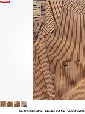Lacoste Men’s Slim Fit Striped Button Down Shirt | Orange Blue White Size 40 M